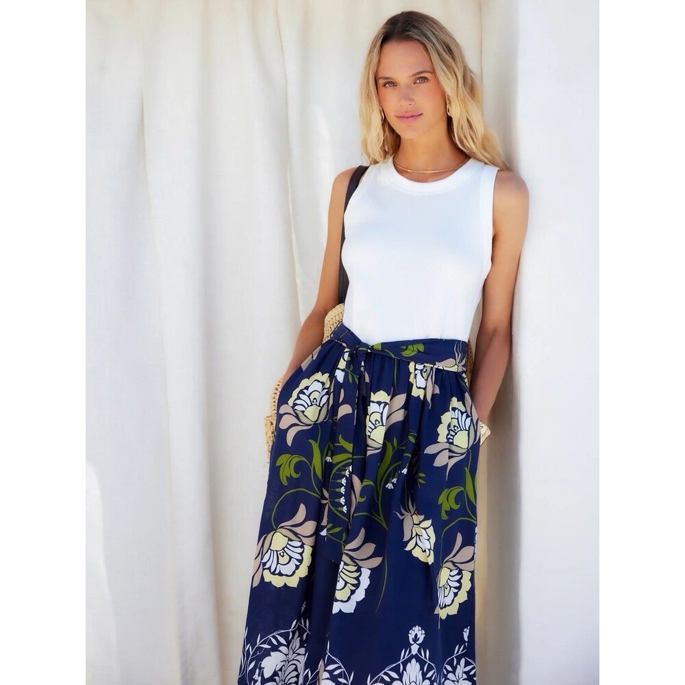 Fifteen Twenty Seline Contrast Mixed Media Midi Dress Navy White